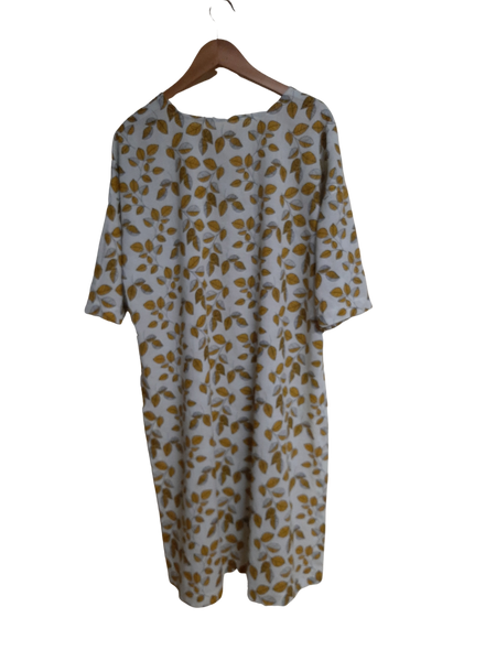 The Catkin: 3/4 Sleeve Tunic Yellow Leaves on White Size Large